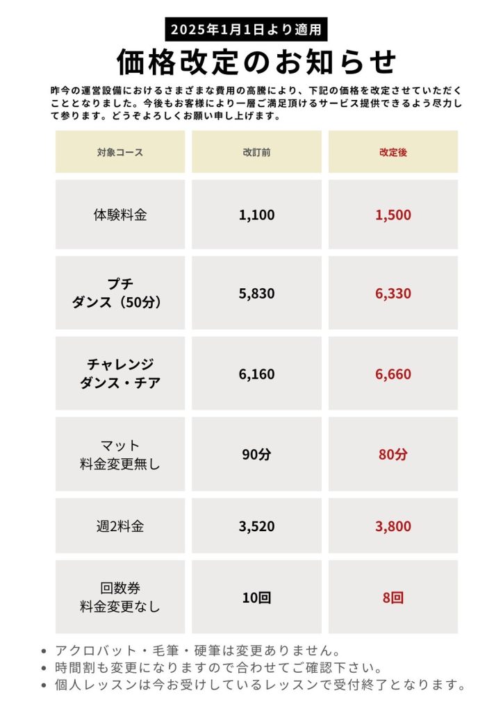 （2025年1月より適用）価格改定のお知らせ